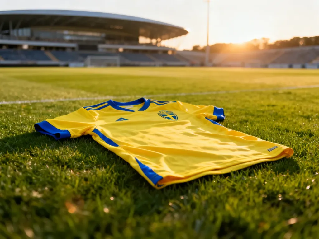 Żółto-niebieska koszulka piłkarska reprezentacji Szwecji leżąca na murawie stadionu w świetle zachodzącego słońca.