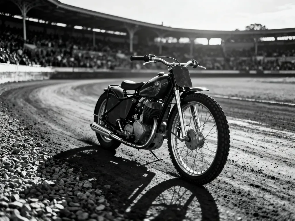 Zabytkowy motocykl żużlowy zaparkowany na torze żużlowym z widoczną w tle historyczną trybuną pełną widzów.