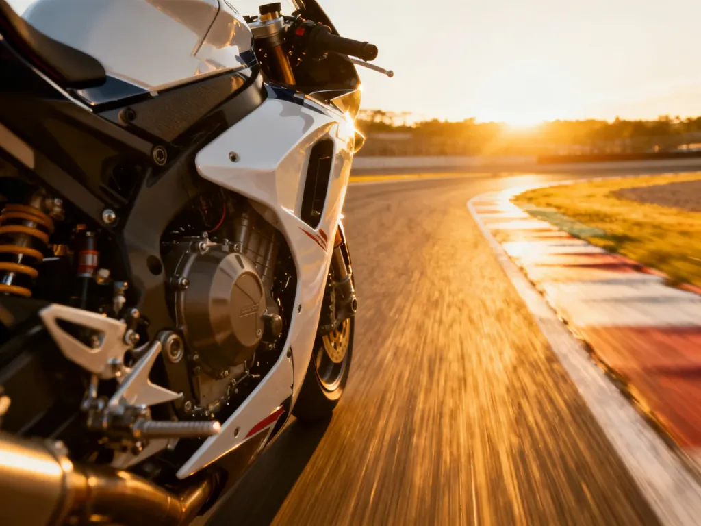 Profesjonalny motocykl wyścigowy MotoGP pędzący po torze w promieniach zachodzącego słońca, podkreślający dynamikę i aerodynamikę.