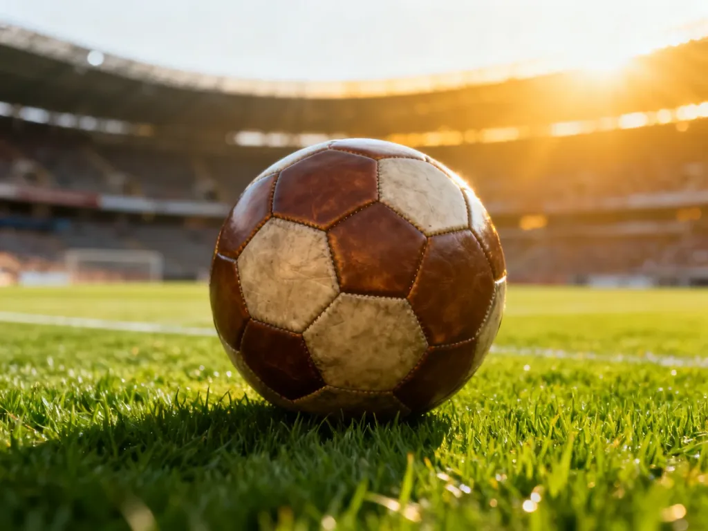 Klasyczna skórzana piłka na murawie stadionu, symbolizująca historię i piękno futbolu.