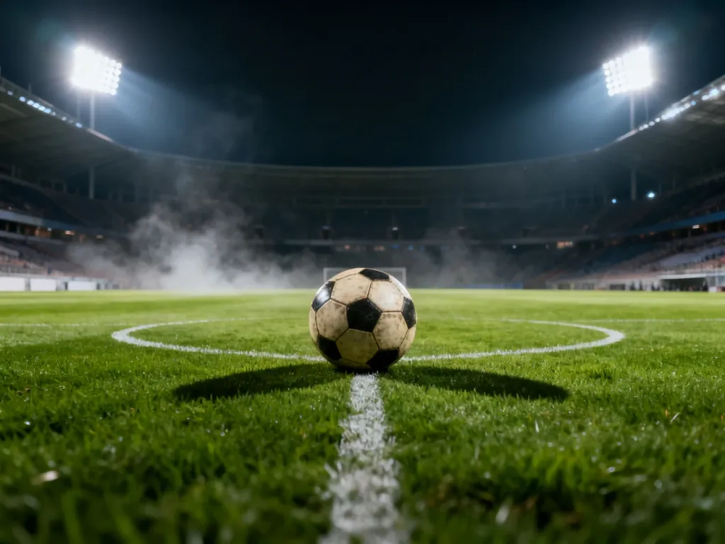 Skórzana piłka na środku murawy oświetlonego stadionu piłkarskiego w nocnej scenerii.