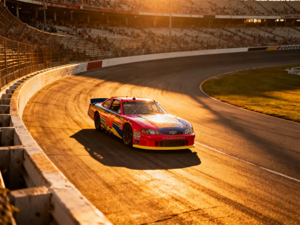 Wyścigowy samochód NASCAR zaparkowany na profilowanym zakręcie legendarnego toru w świetle zachodzącego słońca.