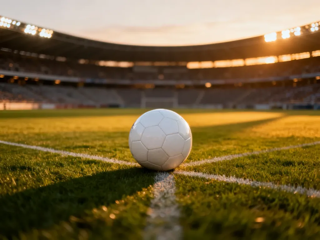 Piłka do gry w piłkę nożną leżąca na środku boiska o zachodzie słońca na wielkim stadionie.