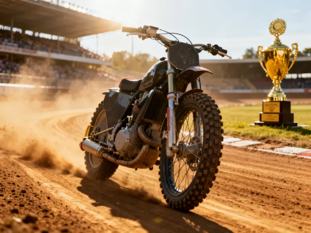 Motocykl żużlowy na torze w blasku słońca, z widocznym w tle mistrzowskim trofeum.