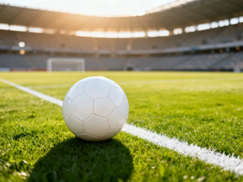 Biała piłka do piłki nożnej na murawie boiska przed pustym stadionem, symbolizująca oczekiwanie na mecz i gole.