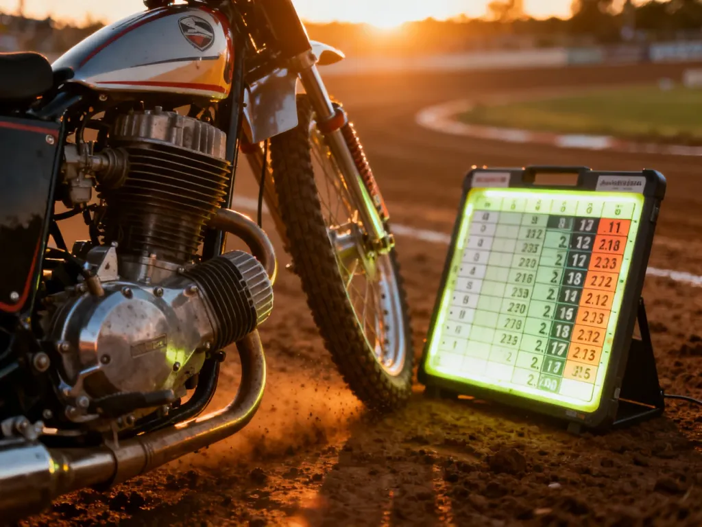 Zbliżenie na silnik motocykla żużlowego oraz podświetloną tablicę taktyczną na tle toru żużlowego w blasku zachodzącego słońca.