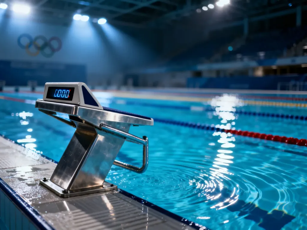 Profesjonalny blok startowy przy basenie olimpijskim z krystalicznie czystą wodą w kinowym oświetleniu.