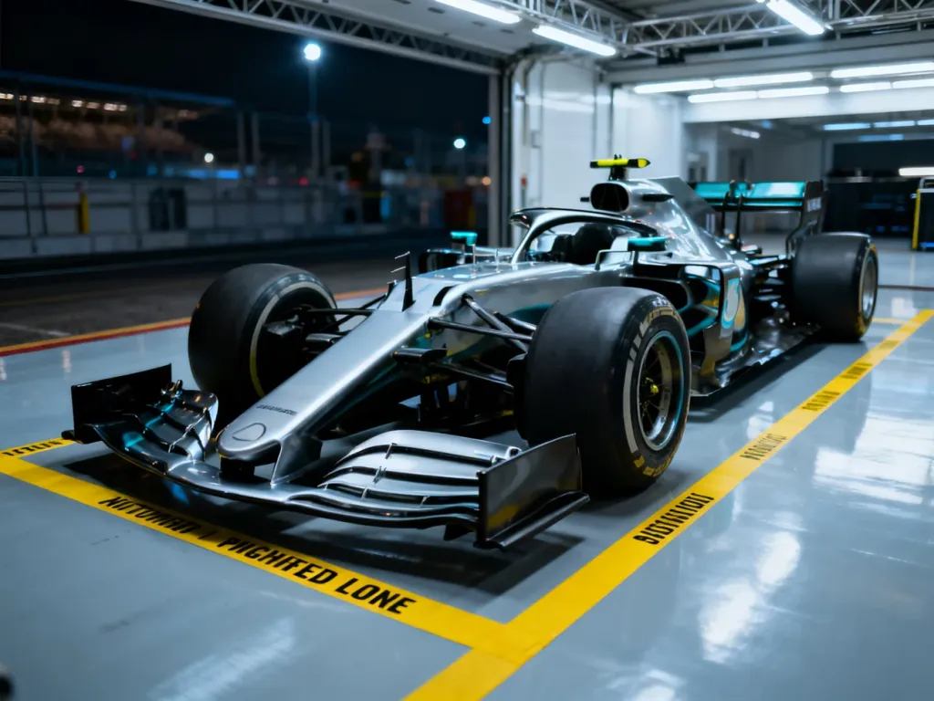 Bolid Formuły 1 zaparkowany w strefie parc fermé, otoczony żółtą taśmą ostrzegawczą wewnątrz garażu.