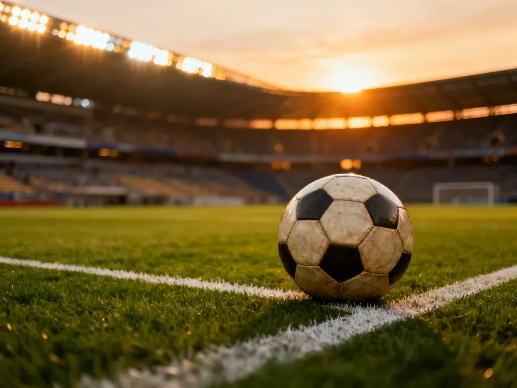 Skórzana piłka na murawie stadionu o zachodzie słońca, symbolizująca wielkie piłkarskie osiągnięcia.