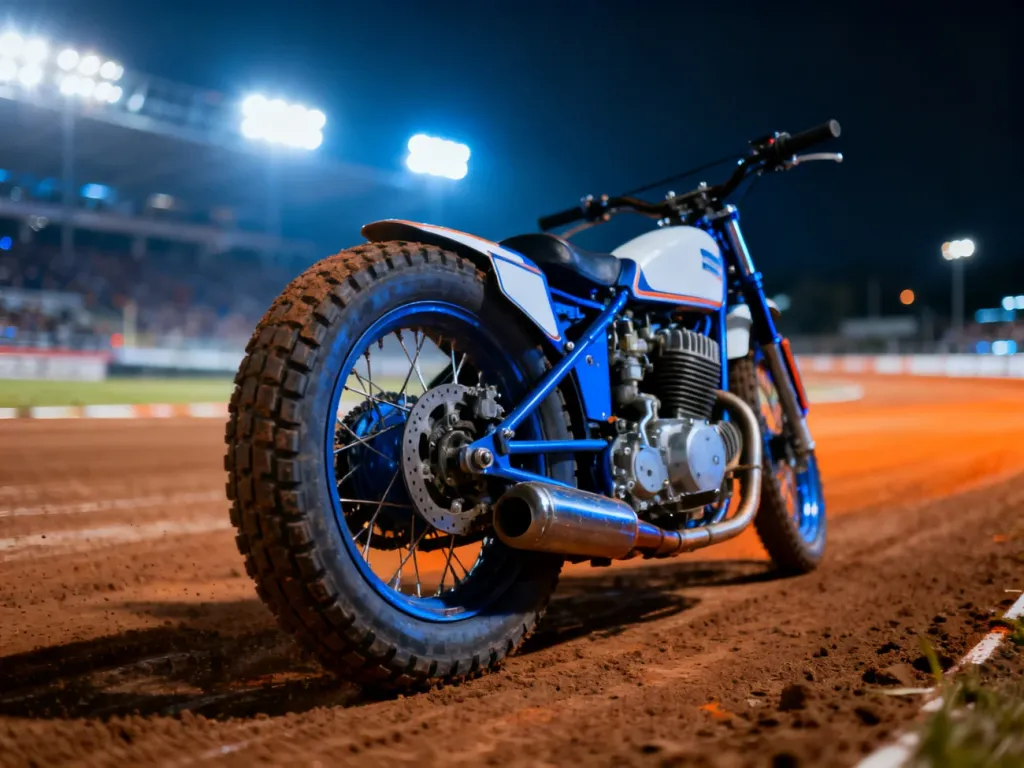 Zbliżenie na tylne koło i silnik motocykla żużlowego na torze w świetle nocnych reflektorów stadionu.