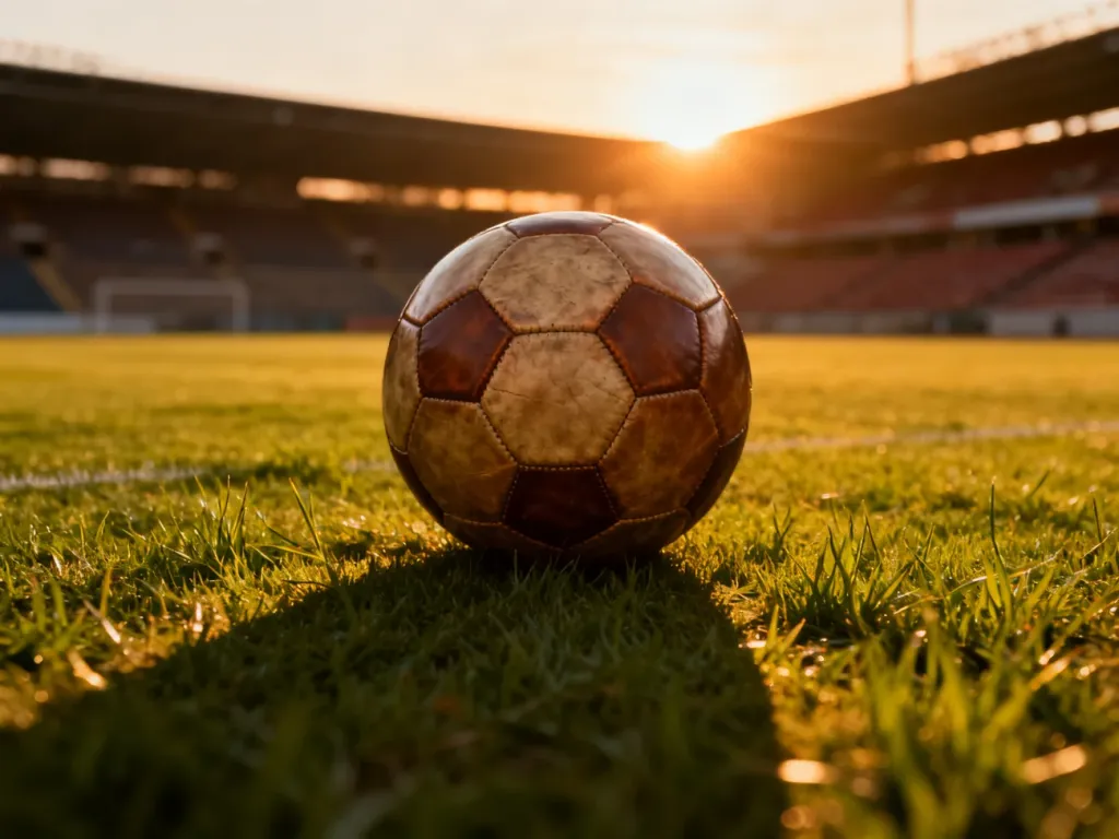 Skórzana piłka do gry w piłkę nożną leżąca na murawie stadionu w świetle zachodzącego słońca.