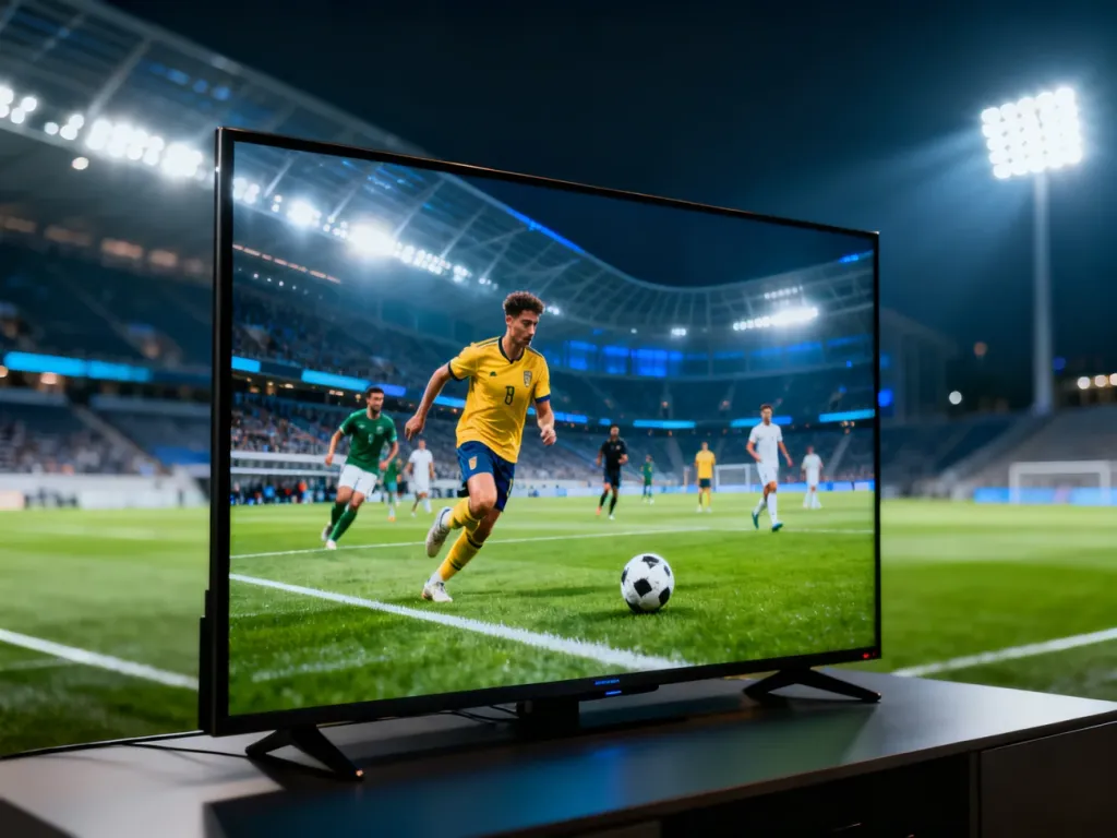 Nowoczesny telewizor wyświetlający mecz piłkarski na tle oświetlonego stadionu, symbolizujący transmisje Ligi Mistrzów.