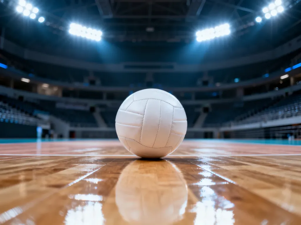 Profesjonalna piłka siatkowa leżąca na środku parkietu w pustej, oświetlonej hali sportowej.
