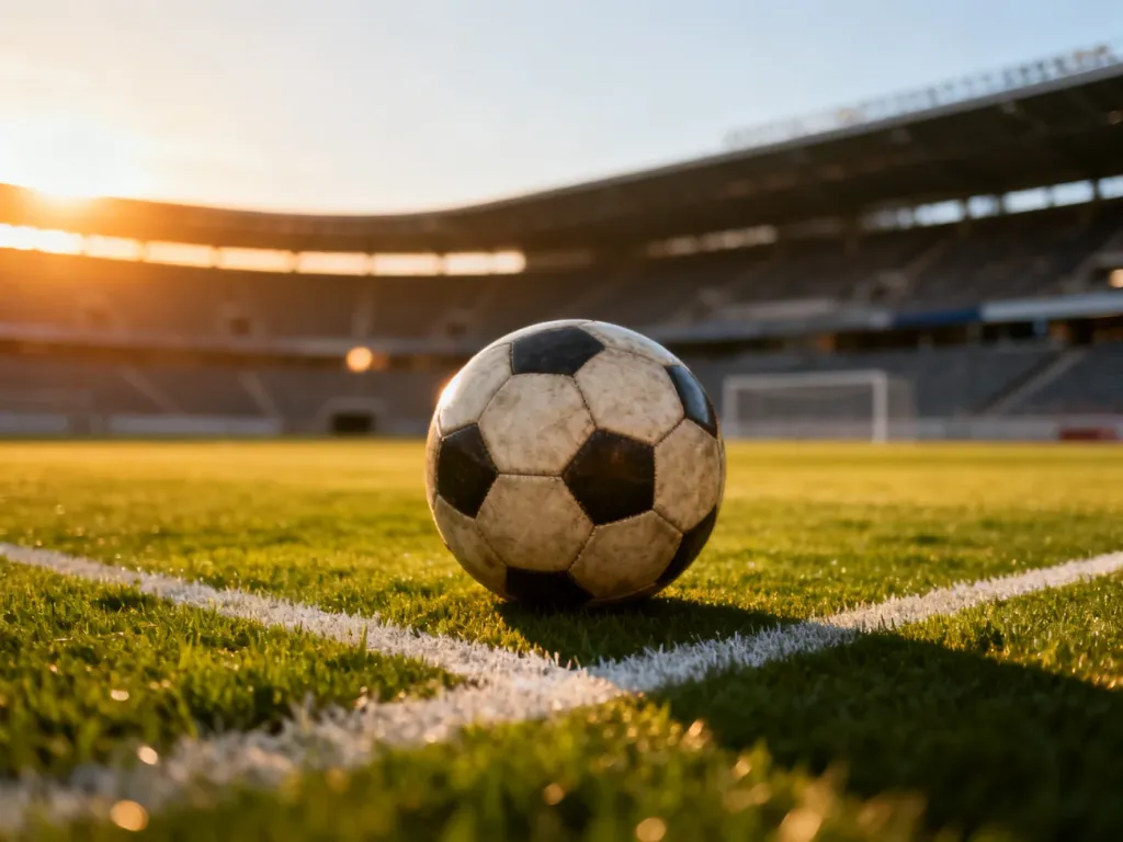 Piłka do gry w piłkę nożną na murawie stadionu o zachodzie słońca, symbolizująca emocje związane z mistrzostwami Europy.