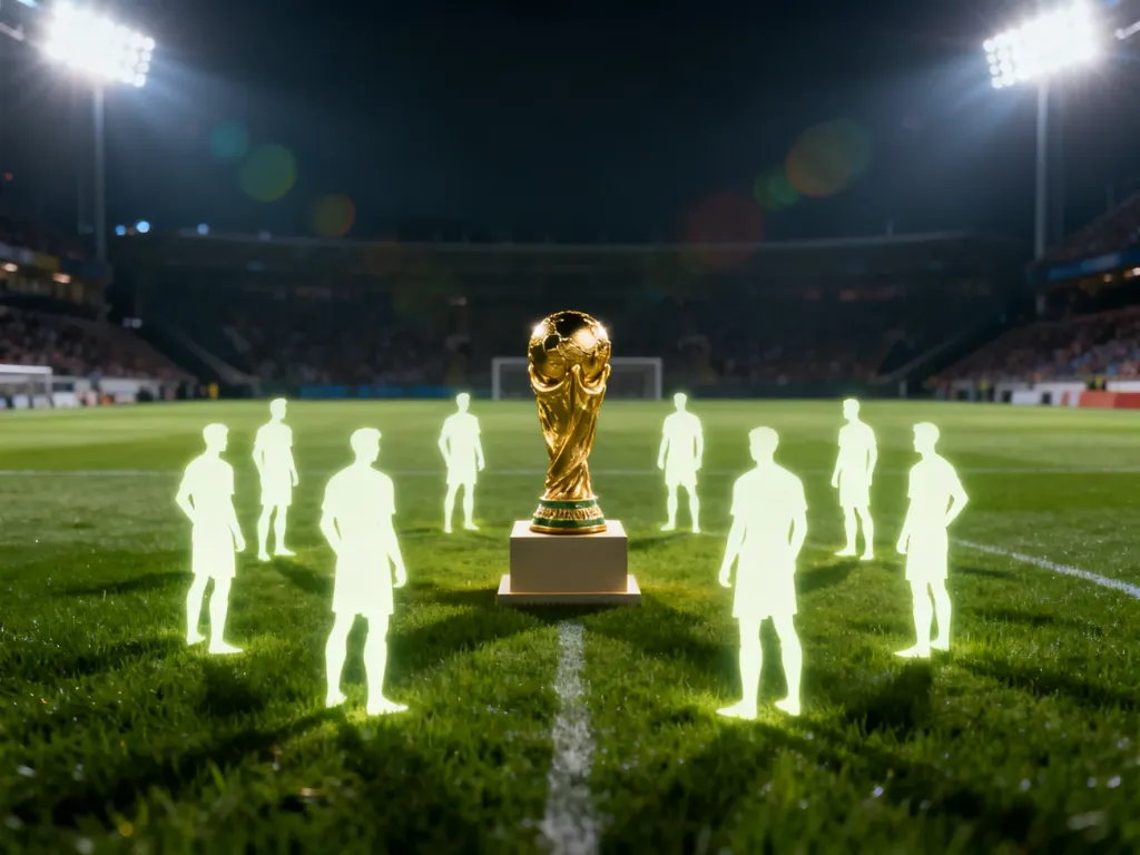 Złote trofeum na środku boiska otoczone sylwetkami jedenastu piłkarzy w świetle reflektorów stadionu.