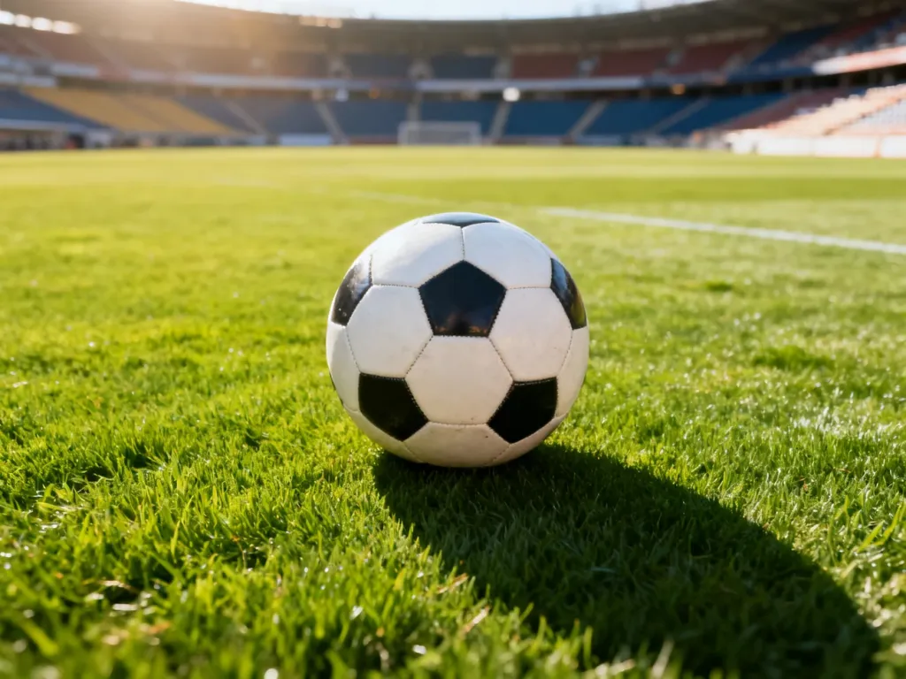 Profesjonalna piłka nożna na środku murawy stadionu w pełnym słońcu.