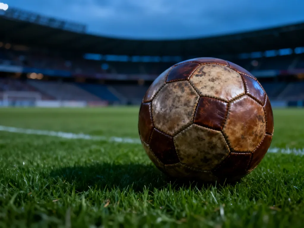 Stara, skórzana piłka na murawie stadionu w klimatycznym, wieczornym świetle, nawiązująca do historii futbolu.