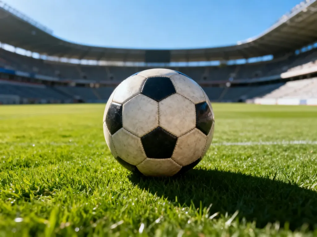 Skórzana piłka nożna na murawie pustego stadionu w świetle porannego słońca.