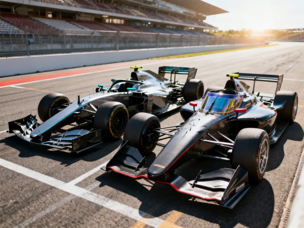 Porównanie bolidu Formuły 1 oraz IndyCar stojących obok siebie na torze wyścigowym.