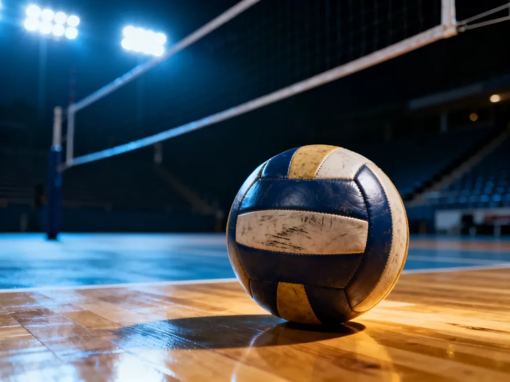 Skórzana piłka do siatkówki na oświetlonym parkiecie hali sportowej w nastrojowej, wieczornej scenerii.