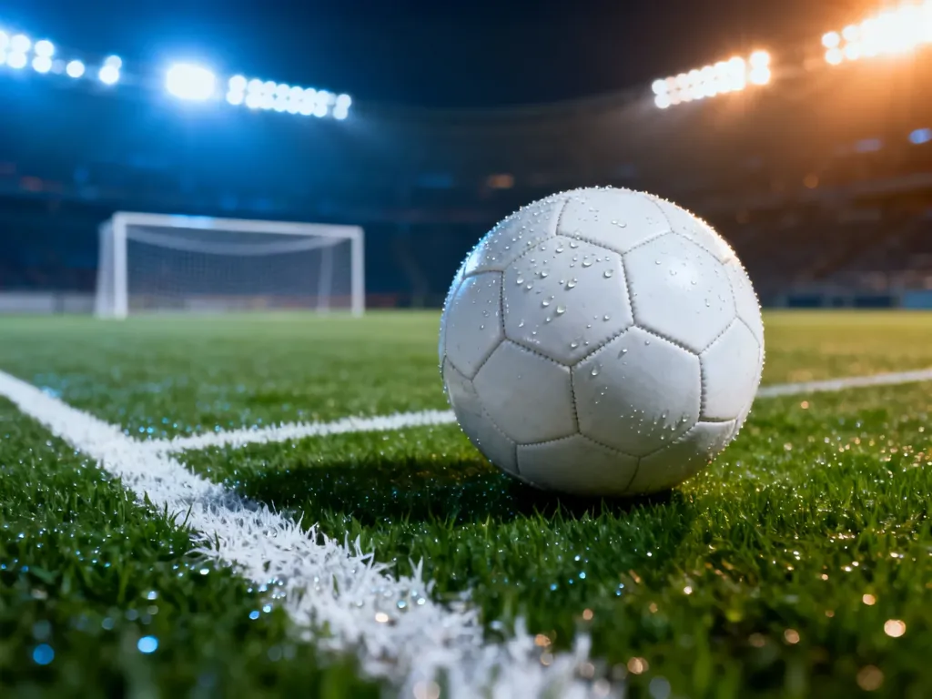 Piłka do futbolu na murawie boiska w świetle jupiterów przed rozpoczęciem meczu.