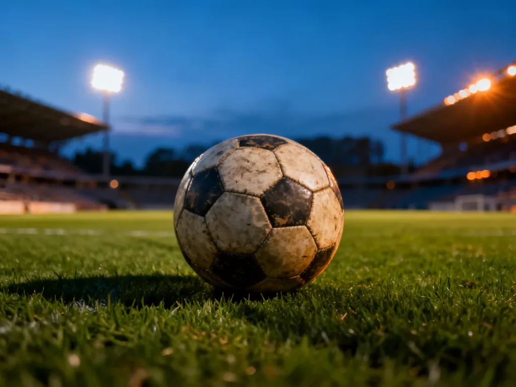 Zużyta skórzana piłka na murawie stadionu w świetle jupiterów przed meczem piłkarskim.