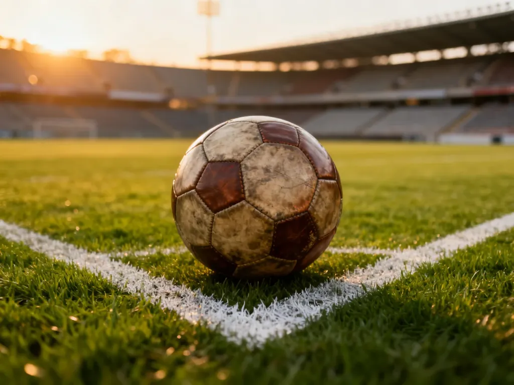 Klasyczna skórzana piłka na murawie stadionu w świetle zachodzącego słońca.