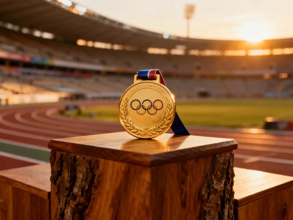 Złoty medal olimpijski spoczywający na drewnianym podium na tle rozmytego stadionu w blasku zachodzącego słońca.