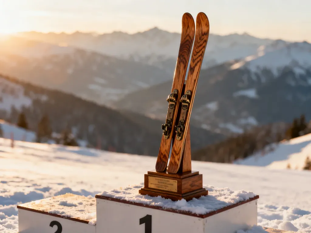 Zabytkowe drewniane trofeum narciarskie na ośnieżonym podium z widokiem na zimowe góry w blasku zachodzącego słońca.