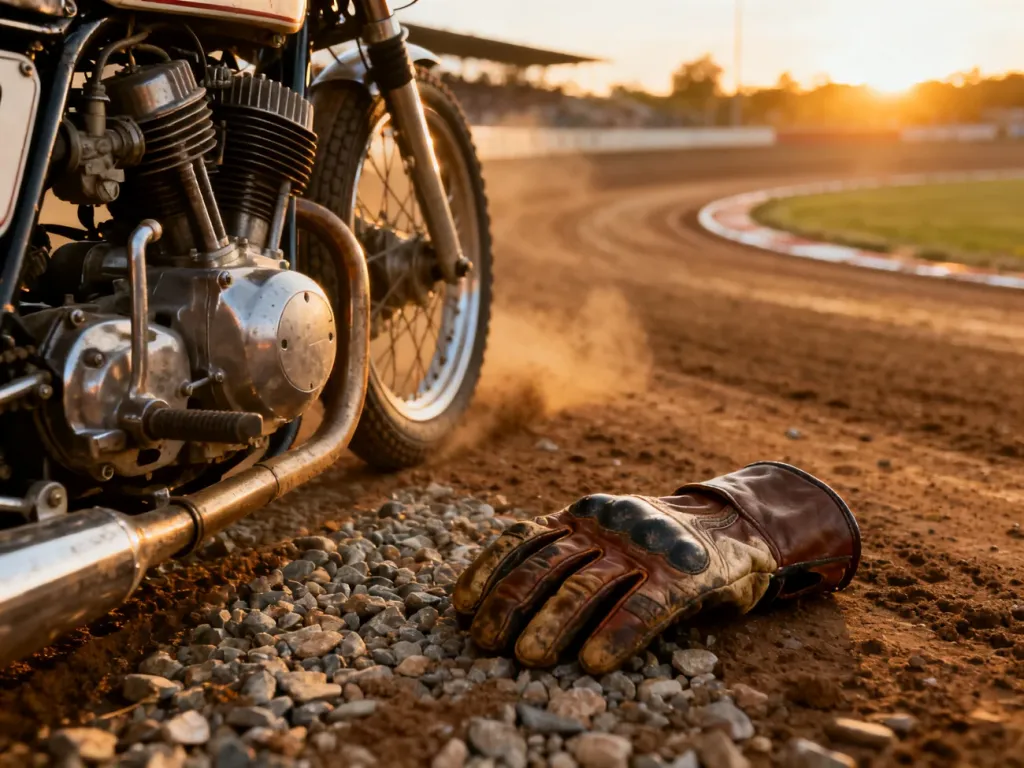 Zbliżenie na silnik zabytkowego motocykla żużlowego i skórzaną rękawicę na tle toru o zachodzie słońca.