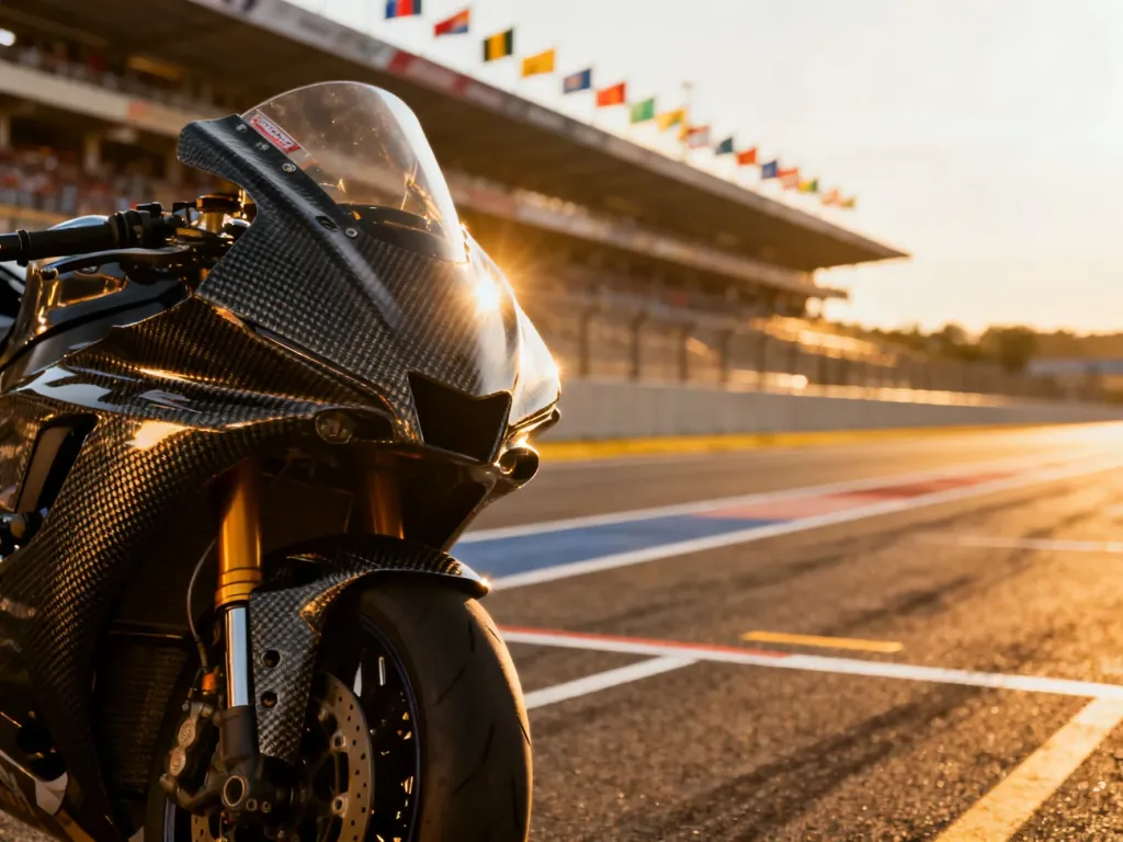 Profesjonalny motocykl wyścigowy na linii startu toru MotoGP w świetle zachodzącego słońca.