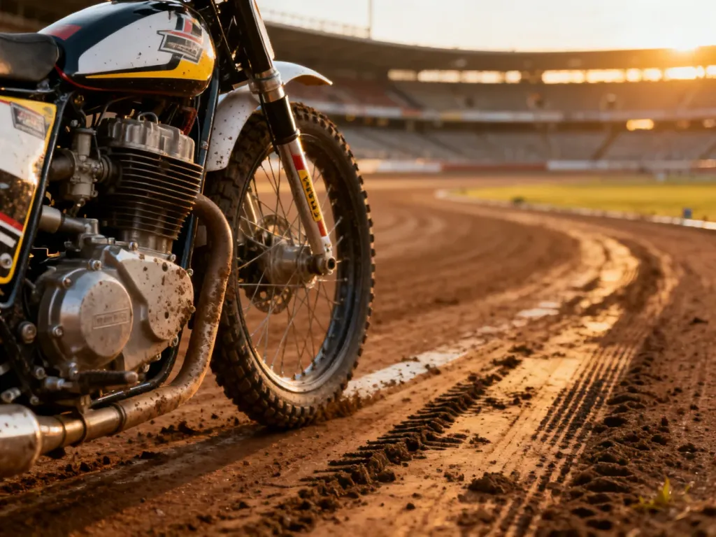Profesjonalny motocykl żużlowy na torze z widocznym w tle pustym stadionem w blasku zachodzącego słońca.