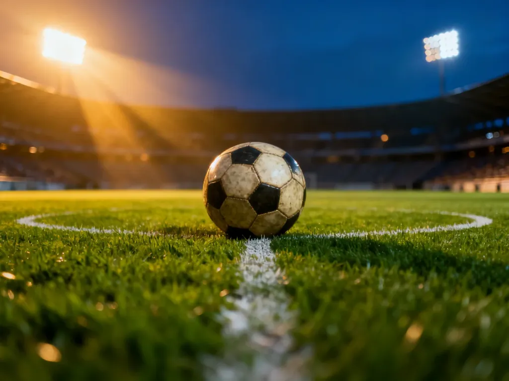 Piłka do futbolu leżąca na środku boiska w blasku stadionowych świateł o zmierzchu.