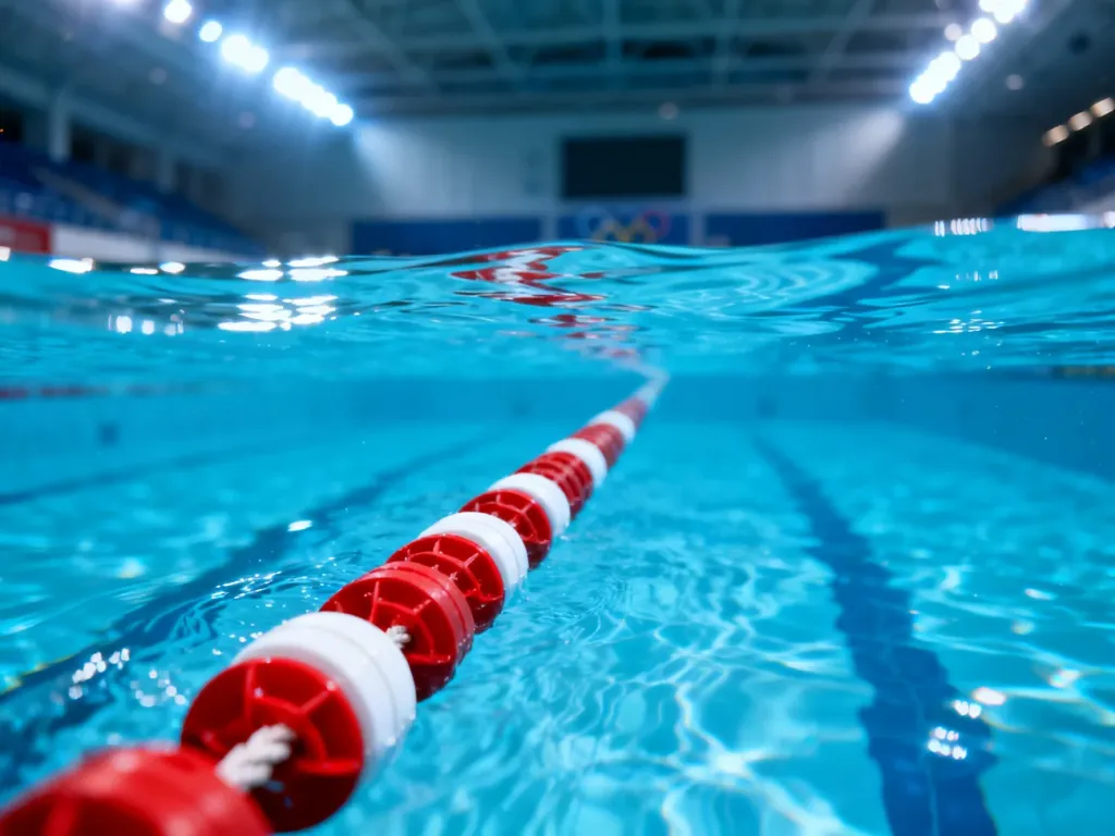 Tor pływacki z czerwonobiałą liną na tle profesjonalnego basenu olimpijskiego.
