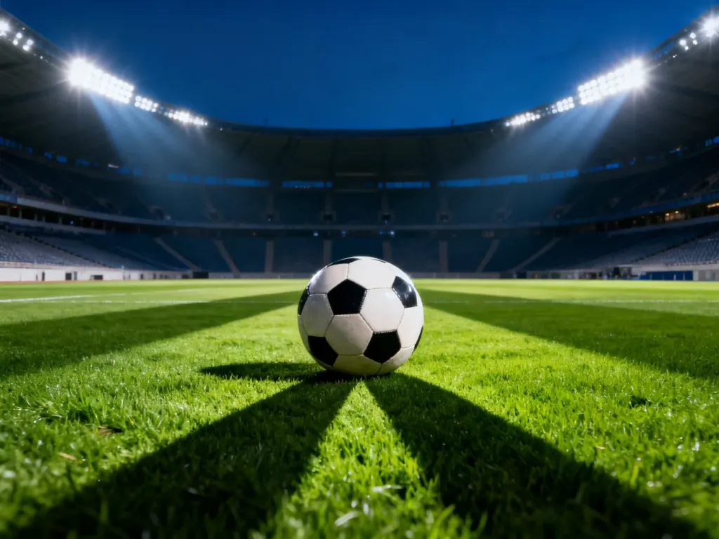 Piłka nożna spoczywająca na murawie pustego stadionu w świetle jupiterów, symbolizująca wielkie piłkarskie widowiska.