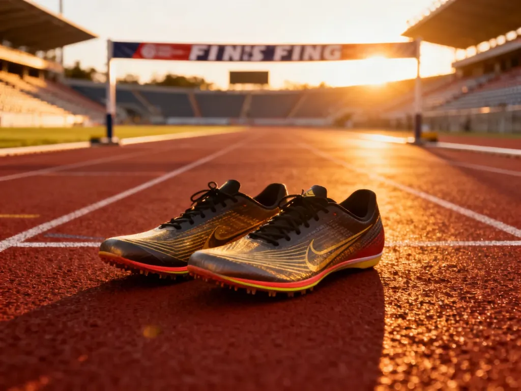Profesjonalne buty lekkoatletyczne na bieżni stadionu o wschodzie słońca, symbolizujące przygotowania do zawodów.