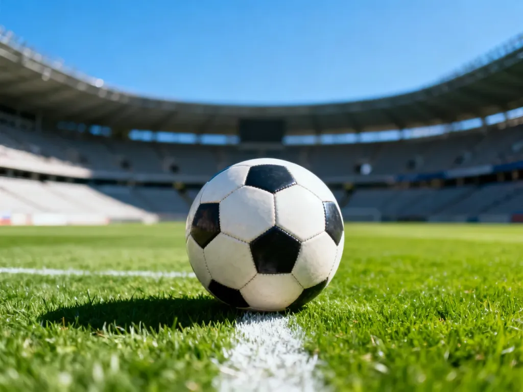 Profesjonalna piłka nożna leżąca na środku boiska na stadionie w słoneczny dzień.