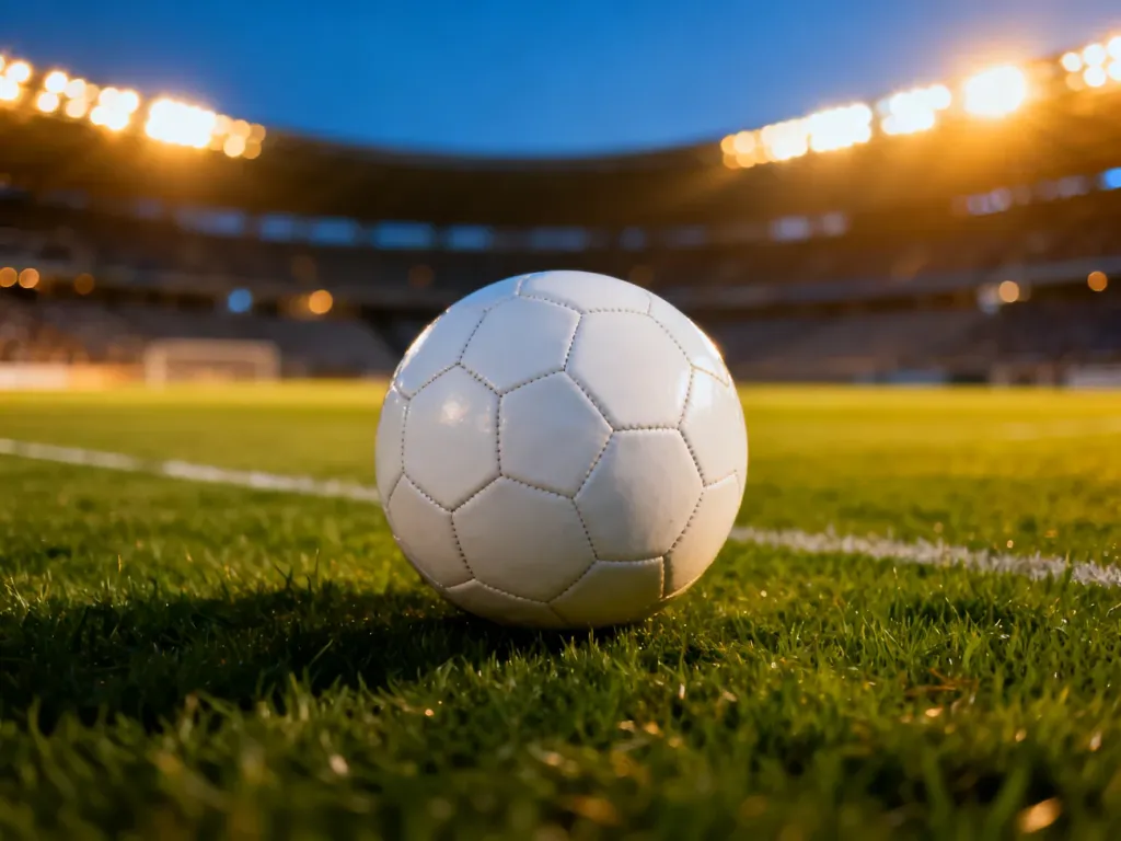 Biała piłka nożna na murawie stadionu o zmierzchu, symbolizująca emocje towarzyszące fazie grupowej Mistrzostw Europy.