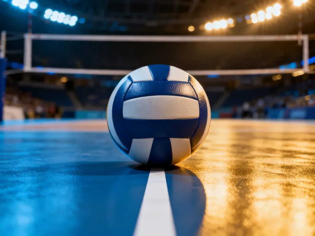 Piłka do siatkówki spoczywająca na linii środkowej boiska w profesjonalnej hali sportowej.