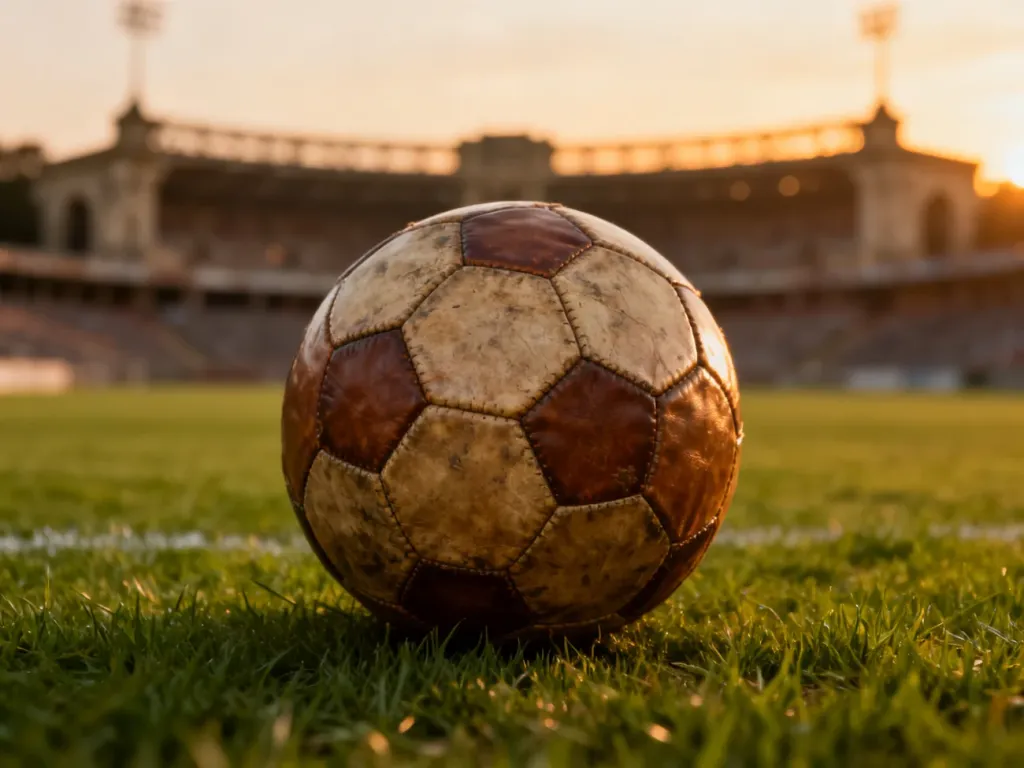 Stara, skórzana piłka do piłki nożnej na murawie stadionu w świetle zachodzącego słońca.