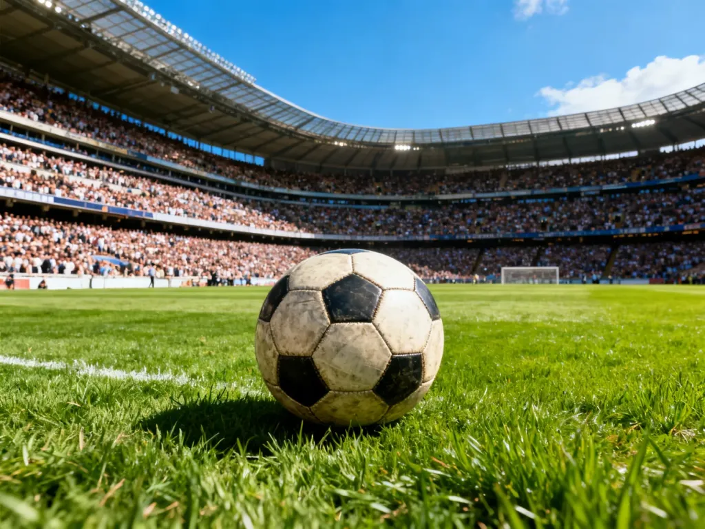 Piłka leżąca na murawie pełnego kibiców stadionu, symbolizująca rekordową frekwencję podczas meczu piłkarskiego.