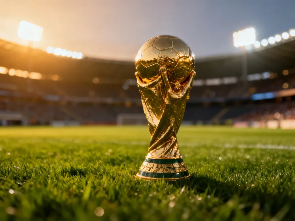 Złote trofeum mistrzostw Europy stojące na murawie profesjonalnego stadionu w blasku wieczornych świateł.