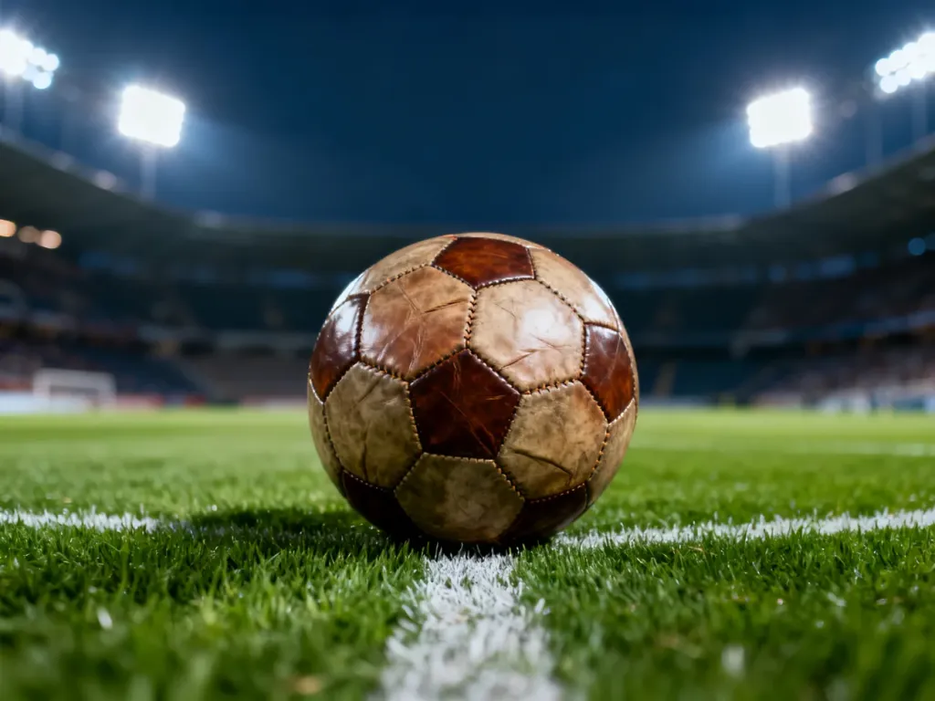 Piłka do gry w piłkę nożną leżąca na środku murawy oświetlonego stadionu wieczorową porą.