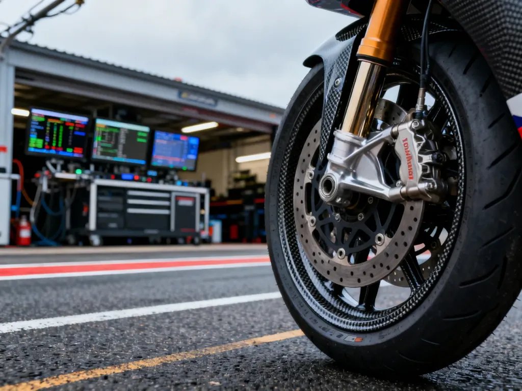 Zbliżenie na karbonową tarczę hamulcową i oponę motocykla wyścigowego na torze z widocznym w tle boksem technicznym.
