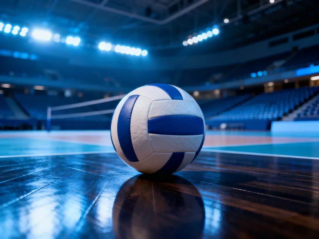 Profesjonalna piłka do siatkówki na drewnianym parkiecie w tle nowoczesnej, pustej hali sportowej.