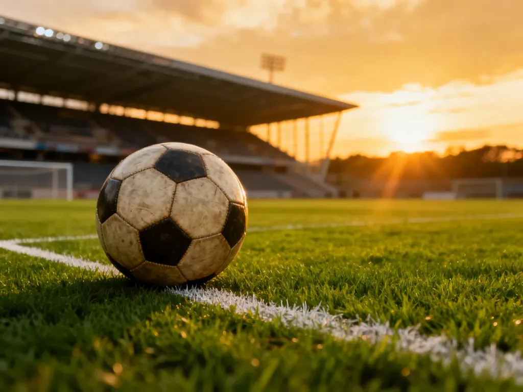 Piłka leżąca na murawie boiska piłkarskiego w świetle zachodzącego słońca na tle nowoczesnego stadionu.