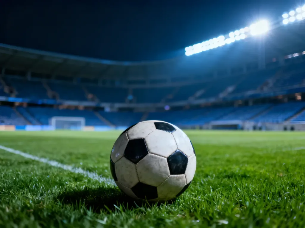 Piłka do gry na murawie profesjonalnego stadionu oświetlonego jupiterami przed meczem.
